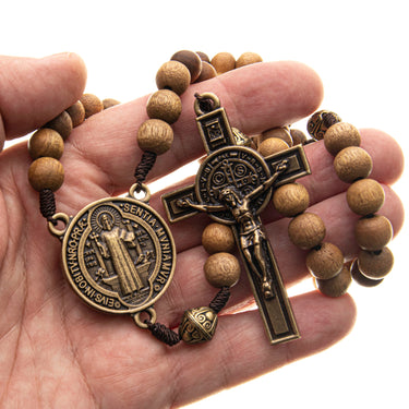 Large wooden St. Benedict Catholic rosary with natural wood beads, 20 inch corded design, handcrafted in Brazil