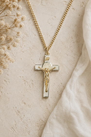 St. Benedict Crucifix Necklace Father's Day gift β sterling silver cross with gold corpus, 14kt gold-filled curb chain, patron saint of protection, made in USA by Bliss