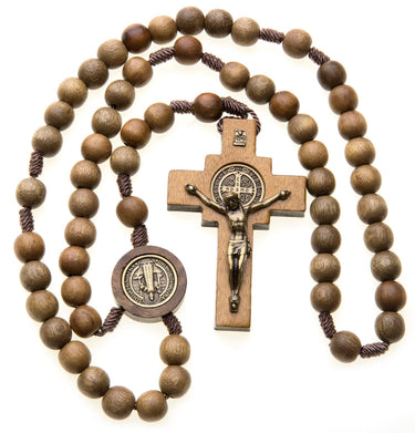 St. Benedict Rosary with 10mm brown wood beads, medallion center, and crucifix on cord