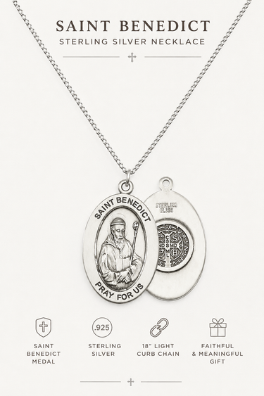 Saint Benedict sterling silver necklace on a white background