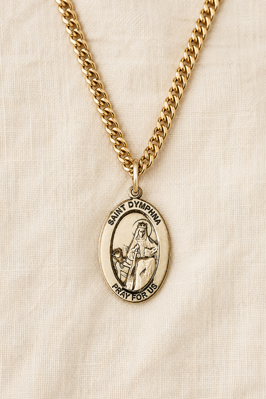 Gold Filled St Dymphna Oval Medal Necklace on 24" curb chain