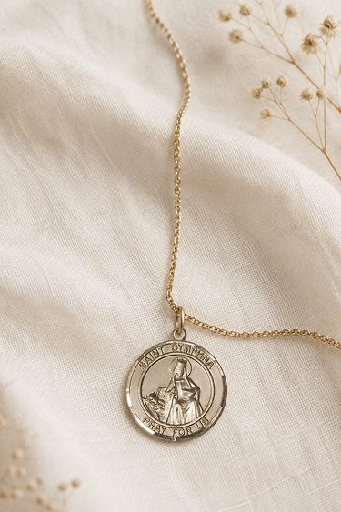 14KT Gold Filled St Dymphna round medal necklace for women on 18" chain