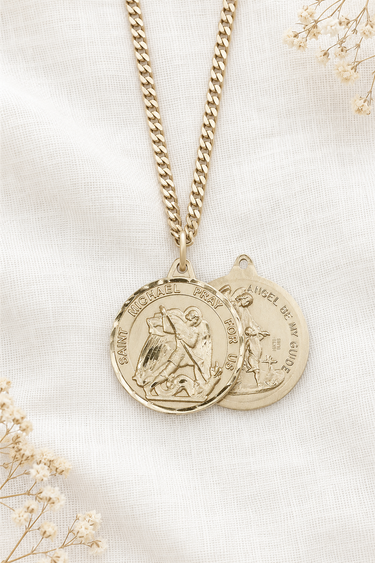 St. Michael the Archangel double-sided gold filled medal — front shows St. Michael defeating dragon, reverse shows Guardian Angel with inscription "Angel Be My Guide" — Bliss Manufacturing USA, gold curb chain