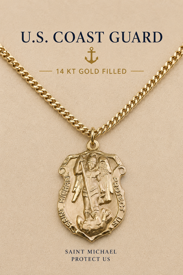 A 14KT gold filled Saint Michael Coast Guard pendant necklace on a gold chain, displayed against a beige background with 'U.S.