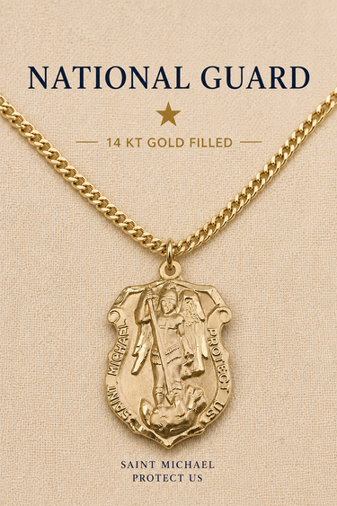 St Michael 14 KT gold filled medal necklace with National Guard emblem on the back
