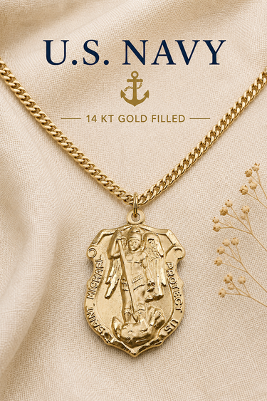 US Navy gold filled military medal with St Michael and chain