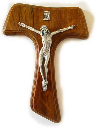 Hand-carved 8 inch natural wood Franciscan Tau Cross made in Italy showing traditional T-shape design