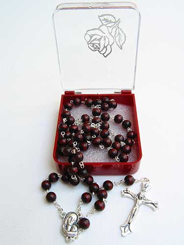 5mm round dark wood bead Catholic pocket rosary with brown finish and crucifix, 18 inch small prayer beads