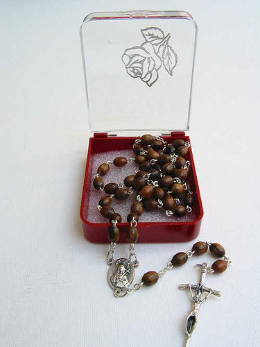 7mm oval dark wood bead Catholic rosary with rich brown finish and crucifix, 18 inch traditional prayer beads