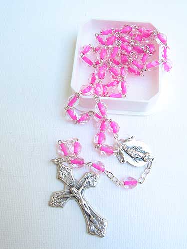 Pink thread glass bead Catholic rosary with 5mm beads, traditional crucifix and center medal, 18 inches