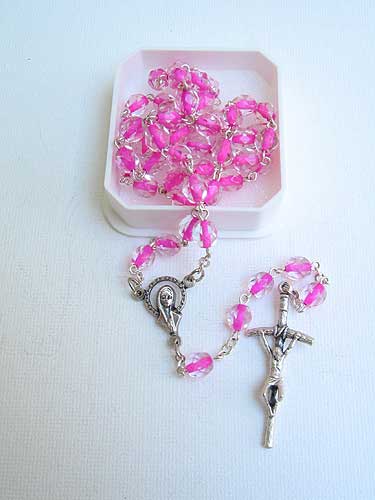 Pink thread glass bead Catholic rosary with 5mm beads, oxidized crucifix and center medal, 18 inches