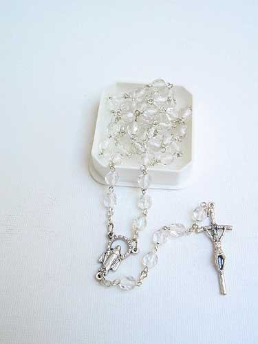 White thread glass bead Catholic rosary with 5mm beads, traditional crucifix and center, gift boxed for First Communion or Baptism