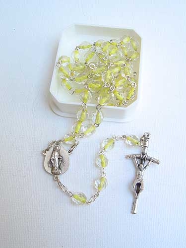 Yellow thread glass bead Catholic rosary with 5mm beads, oxidized crucifix and center medal, 18 inches