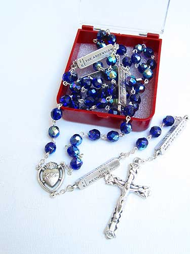 Blue Aurora Borealis Glass Catholic Rosary with 7mm iridescent beads and Mysteries medal Our Father bars by RosaryCard