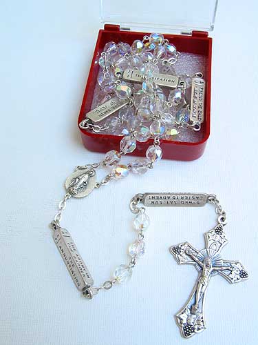 Aurora Borealis Glass Catholic Rosary with 7mm rainbow iridescent beads and Mysteries medal Our Father bars by RosaryCard