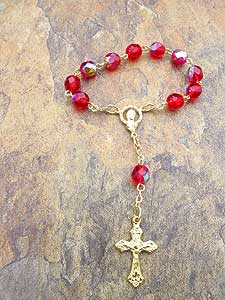 Red glass one decade rosary with 5mm translucent beads and crucifix, vibrant Catholic finger rosary by RosaryCard