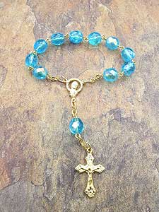Blue glass one decade rosary with 5mm translucent beads and crucifix, compact Catholic finger rosary by RosaryCard