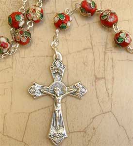 Red cloisonne Catholic rosary with 8mm glass beads silver heart center and crucifix 20 inch by RosaryCard