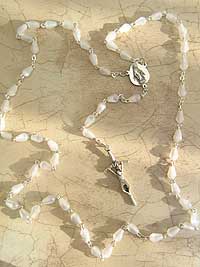 White tear drop glass Catholic rosary with 7mm beads, 17 inch length, Italian import with gift box