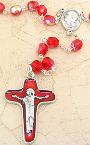 Red glass bead Catholic rosary with Pope John Paul II commemorative center medal and oxidized crucifix 17 inches