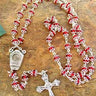 Italian red glass Catholic rosary with Lourdes Water center, 5mm double-cap beads, silver tone with gilded accents, 19 inches