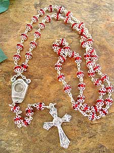 Italian red glass Catholic rosary with Lourdes Water center, 5mm double-cap beads, silver tone with gilded accents, 19 inches