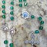 Emerald green glass bead Catholic rosary with Miraculous Medal center silver tone crucifix 18 inches