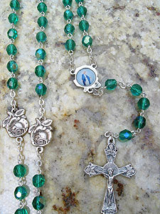 Emerald green glass bead Catholic rosary with Miraculous Medal center silver tone crucifix 18 inches