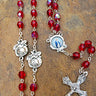 Red glass bead Catholic rosary with 5mm beads oxidized metal crucifix and rosebud medals 18 inches