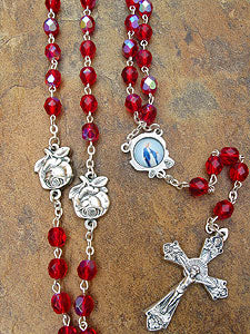Red glass bead Catholic rosary with 5mm beads oxidized metal crucifix and rosebud medals 18 inches