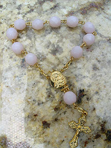 Pink glass one decade rosary with golden tone crucifix and center medal, handcrafted in Italy