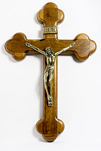 12 inch handcrafted wood wall crucifix with gold tone corpus, 11.5 by 7.5 inches traditional Catholic design