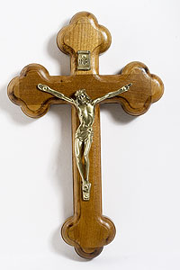5 inch small wooden wall crucifix with golden tone corpus for Catholic home and devotional space