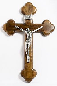 5 inch small wooden wall crucifix with silver tone corpus for Catholic home and prayer space