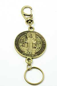 Gold tone St Benedict medal keychain 1.75 inch diameter by RosaryCard
