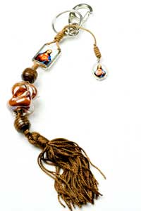 Catholic religious keychain with large brown Murano glass bead and brown cord strings 8 inches