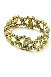 Antique gold tone rosebud bead Catholic bracelet with vintage finish on stretchable elastic string