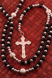 Jet black faceted crystal bead Catholic rosary with traditional crucifix, 19 inch length
