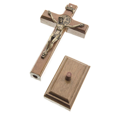 5.375 inch brown wooden standing table crucifix with golden corpus and St Benedict medals by RosaryCard