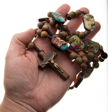 Large Stations of the Cross wooden rosary with 15 station panels, 10mm wood beads and crucifix made in Brazil