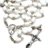 White rectangular glass bead Catholic rosary imported from Italy 17 inches with storage box
