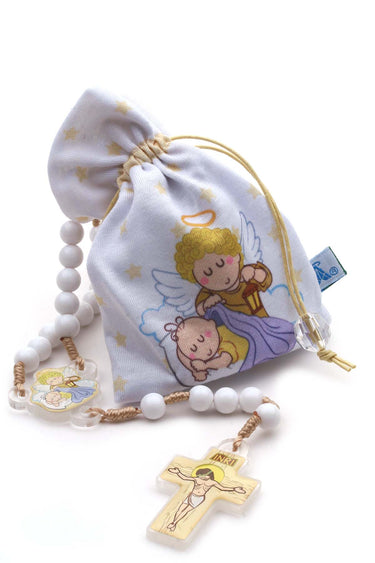 White Catholic child rosary beads on cord with acrylic crucifix and fabric storage pouch for girls
