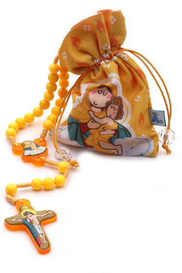 Yellow Child Catholic Rosary with 7mm beads on durable nylon cord, 15 inch length with acrylic crucifix and center medal