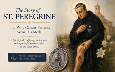 St. Peregrine, patron saint of cancer patients, praying before a crucifix