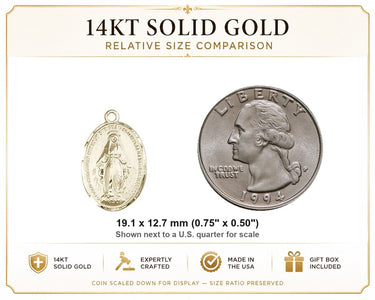 Medalla Milagrosa Mediana de Oro Sólido de 14kt | 1.9 x 1.3 cm | Hecha a Mano en EE. UU. por Bliss