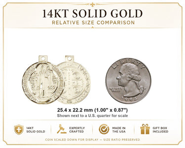 Colgante Medalla San Benito Mediana de Oro Sólido de 14kt | 1x7/8 | Hecho a mano en EE. UU. por Bliss