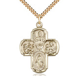 Large 14kt gold filled 5-Way Medal necklace with Sacred Heart, Blessed Virgin Mary, St. Christopher, St. Joseph and Holy Spirit, 1 3/8 inch pendant with 24 inch chain, handcrafted in USA by Bliss