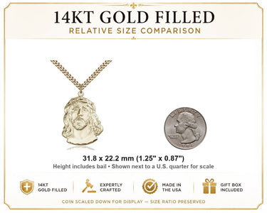 Collar con colgante católico grande de oro laminado de 14 kt Ecce Homo | 3,17 cm x 2,22 cm | Cadena de 60,96 cm | Hecho en EE. UU. por Bliss