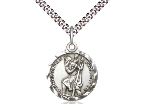 Sterling Silver St. Christopher Patron Saint Medal Necklace 7/8 x 3/4 inches on 24 inch chain by Bliss Manufacturing