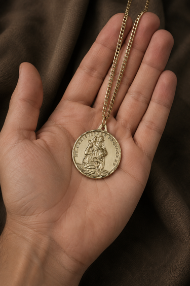 Collar de medalla de San Cristóbal grande de oro de 14kt | 1 3/8" x 1 1/8" | Cadena de 24" | Hecho en EE. UU. por Bliss